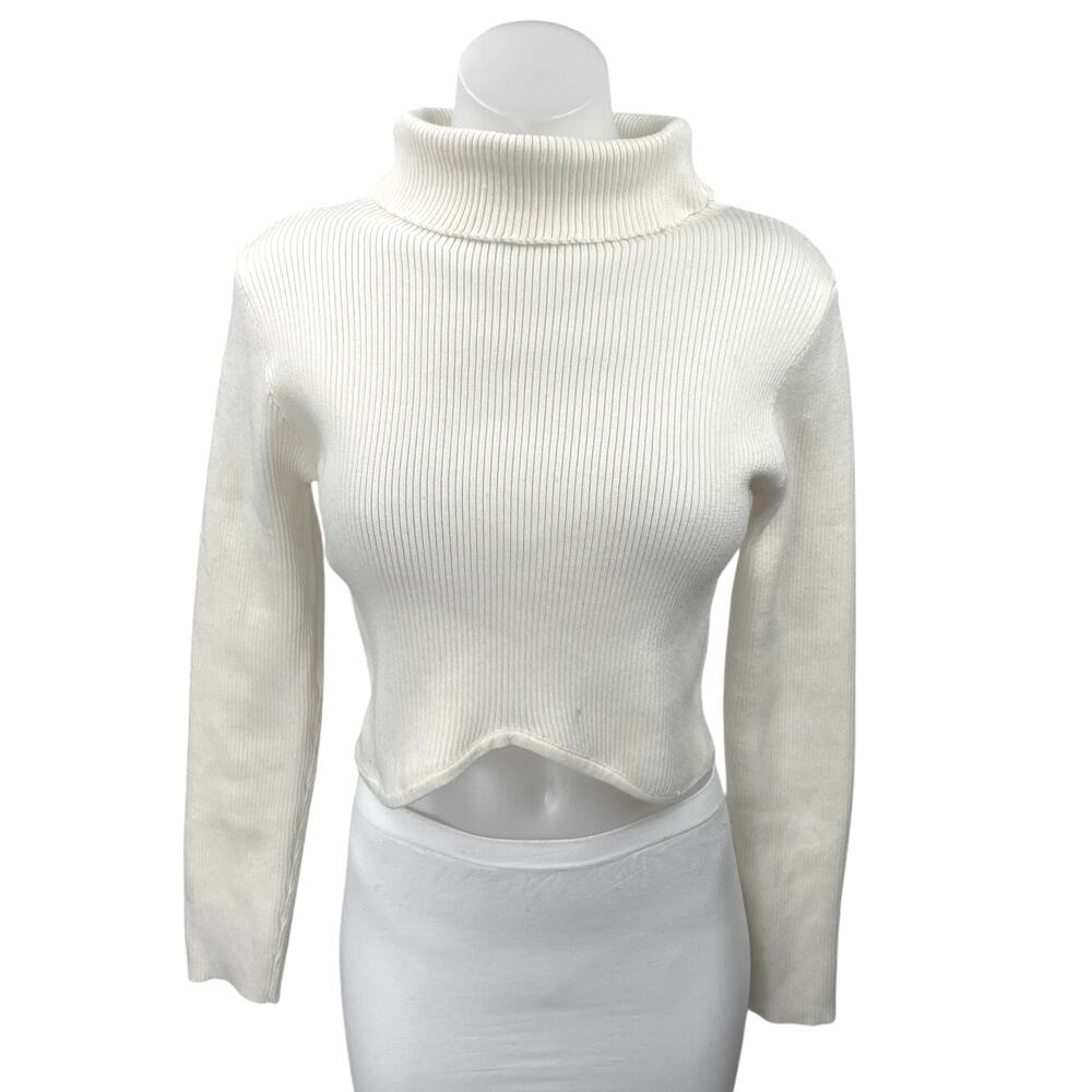 Princess Polly Women's White Turtleneck Rib Knit Long Sleeve Crop Sweater Top 8